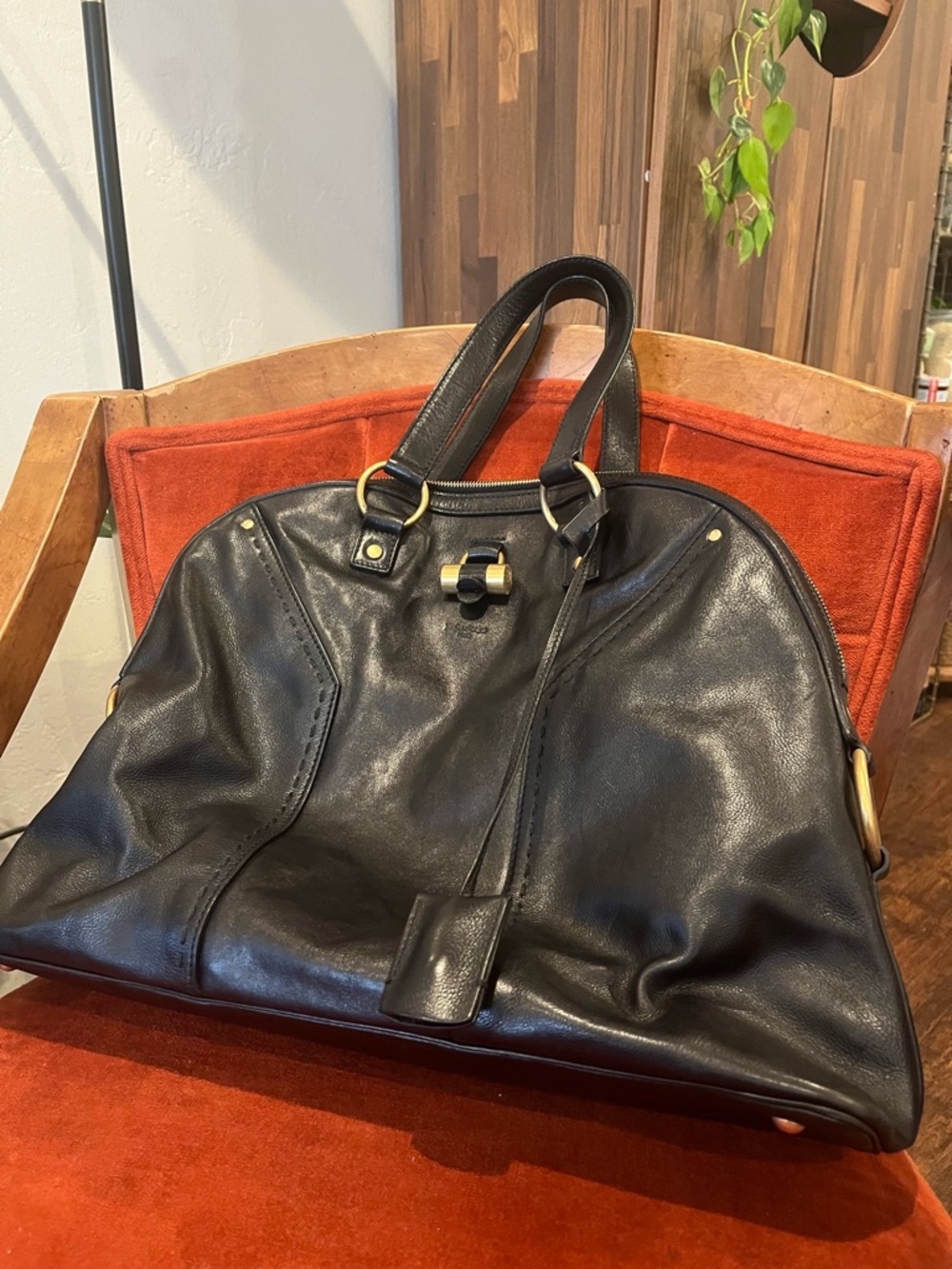 YSL Muse Large Black Leather Top Handle bag with Gold Hardware